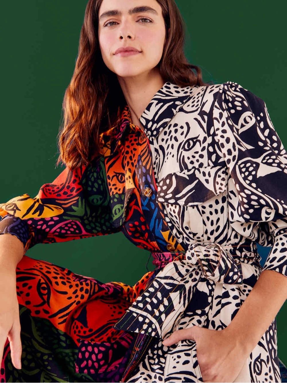 FARM Rio Midnight Leopard Print Midi Shirt Dress Animal Patchwork Size L